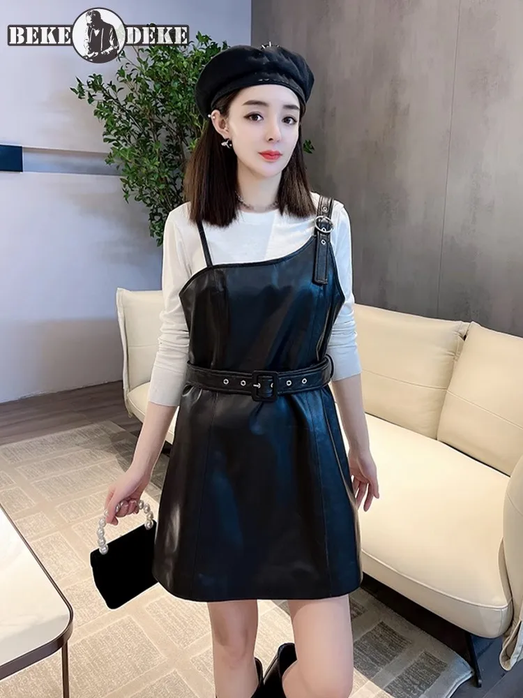 Autumn New Women Work Leather Dress Asymmetrical Sleeveless Suspenders Strap Mini Dresses Belted Sheepskin Genuine Leather Dress
Autumn New Women Work Leather Dress Asymmetrical Sleeveless Suspenders Strap Mini Dresses Belted Sheepskin Genuine Leather Dress