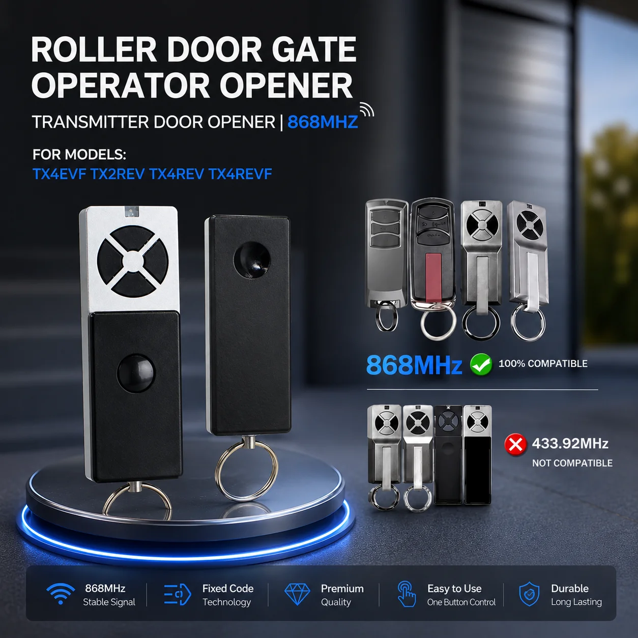 For TX4EVF TX2REV TX4REV TX4REVF Roller Door Gate Operator Opener Transmitter Door Opener 868MHz
For TX4EVF TX2REV TX4REV TX4REVF Roller Door Gate Operator Opener Transmitter Door Opener 868MHz
