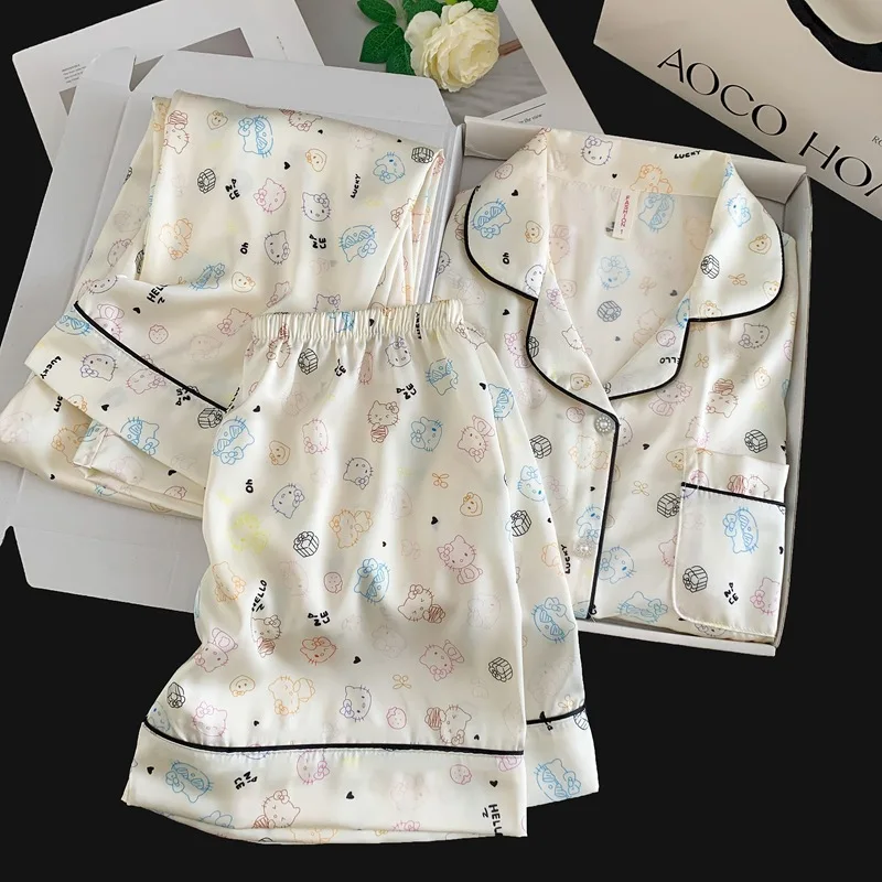 Hello Kitty Multicolor Print Satin Pajama Set Women's Short Sleeve shotrs Pants Sanrio leisure Cute Kawaii Button-Up Sleepwear
Hello Kitty Multicolor Print Satin Pajama Set Women's Short Sleeve shotrs Pants Sanrio leisure Cute Kawaii Button-Up Sleepwear