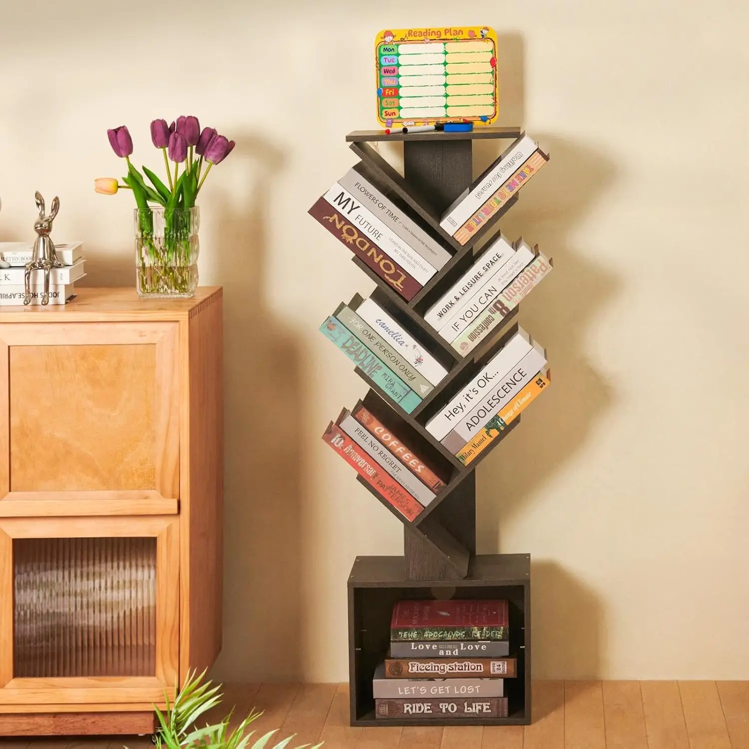 7 Tier Tree Book shelf, Small Bookcase with Reading Planner and Activity Panel, Modern Floor Standing Corner Tall Narrow
7 Tier Tree Book shelf, Small Bookcase with Reading Planner and Activity Panel, Modern Floor Standing Corner Tall Narrow