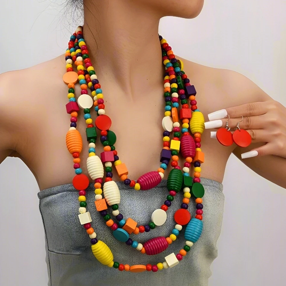 African Jewelry Set Bohemian Colored Geometric Multi-layer Wooden Beads Handmade Bead Necklace And Earrings Women Accessories
African Jewelry Set Bohemian Colored Geometric Multi-layer Wooden Beads Handmade Bead Necklace And Earrings Women Accessories