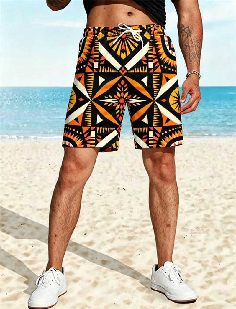 Men's retro tribal pattern printed geometric summer beach shorts, breathable and quick drying style, for beach vacations
Men's retro tribal pattern printed geometric summer beach shorts, breathable and quick drying style, for beach vacations
