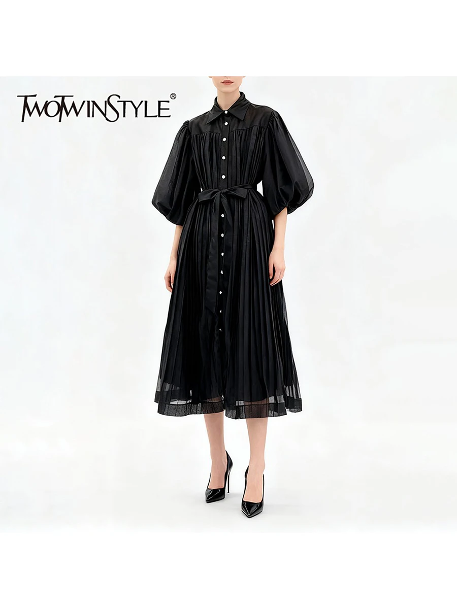 TWOTWINSTYLE Solid Spliced Folds Minimalist Dresses for Women Lapel Half Sleeves Patchwork Single Breasted Long Dress Female New
TWOTWINSTYLE Solid Spliced Folds Minimalist Dresses for Women Lapel Half Sleeves Patchwork Single Breasted Long Dress Female New