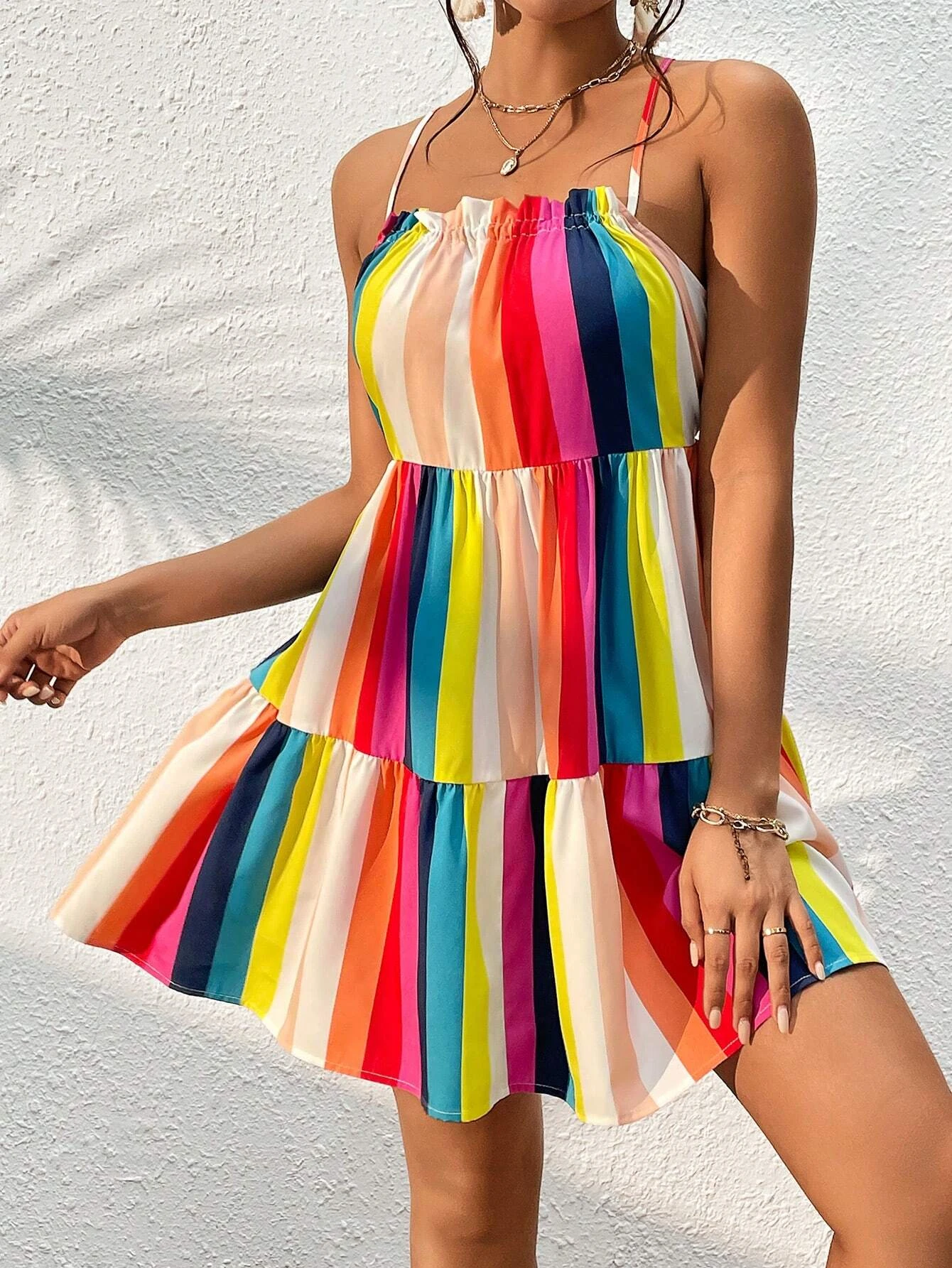 Rainbow Stripesd Printed Strappy Backless Ruffled Hem Suspender Dress 1069
Rainbow Stripesd Printed Strappy Backless Ruffled Hem Suspender Dress 1069