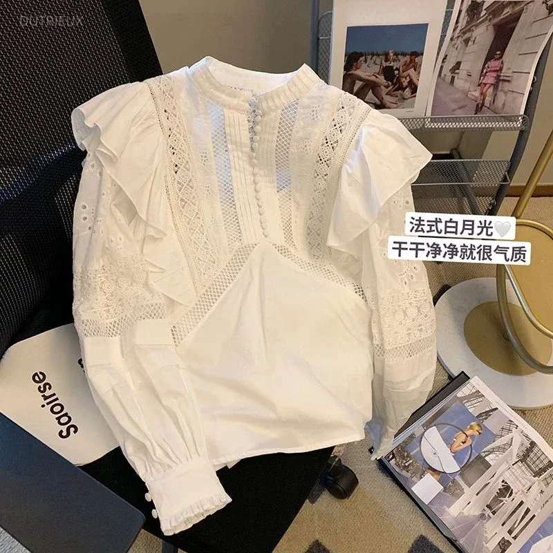 Temperament French White Patchwork Lace Hollowed Out Ruffle Edge Shirt Blusas De Mujer Blouse New Top Embroidery Lady Shirts
Temperament French White Patchwork Lace Hollowed Out Ruffle Edge Shirt Blusas De Mujer Blouse New Top Embroidery Lady Shirts