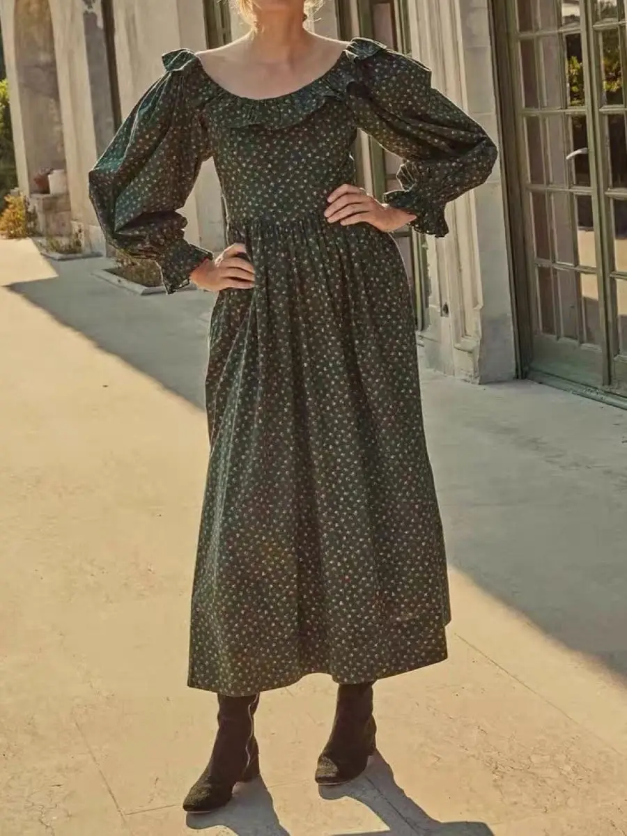Pure Cotton Women Green Flower Print Robe 2025 New Lantern Sleeve Ruffles Doll Collar Vintage Female Long Dress
Pure Cotton Women Green Flower Print Robe 2025 New Lantern Sleeve Ruffles Doll Collar Vintage Female Long Dress