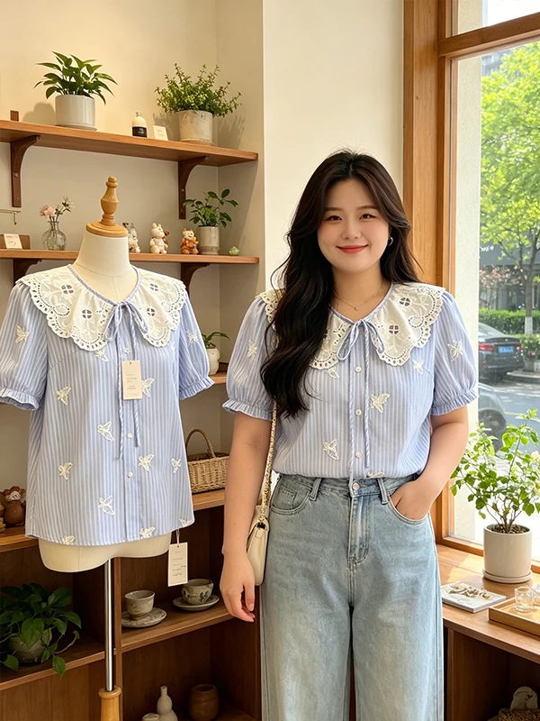plus Size Embroidered Shirt Women's Tie Doll Collar Striped Belly Cover Summer New Sweet Top Korean Style Commute Fashion
plus Size Embroidered Shirt Women's Tie Doll Collar Striped Belly Cover Summer New Sweet Top Korean Style Commute Fashion