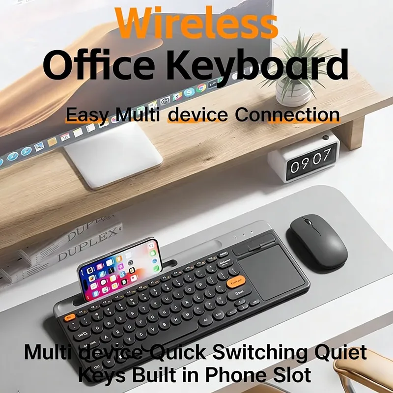 Bluetooth Wireless Rechargeable Keyboard Mouse Combo, Ergonomic Silent Design with Phone Holder for Windows Mac PC Laptop