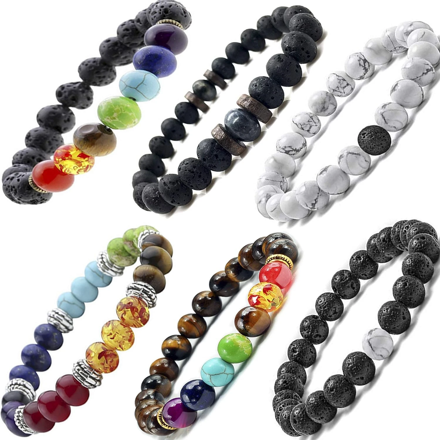 Stylish and Elegant 7 Chakra Black Lava Stone Bracelets Set - 6pcs of Yinyang Rock Bead Elastic Gemstones Oil Diffuser Meditatio
Stylish and Elegant 7 Chakra Black Lava Stone Bracelets Set - 6pcs of Yinyang Rock Bead Elastic Gemstones Oil Diffuser Meditatio