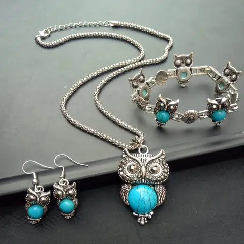Bohemian Style Owl Shaped Bracelet Ethnic Style Turquoise Owl Pendant Inlaid Earrings Necklace Bracelet Women's Jewelry Set
