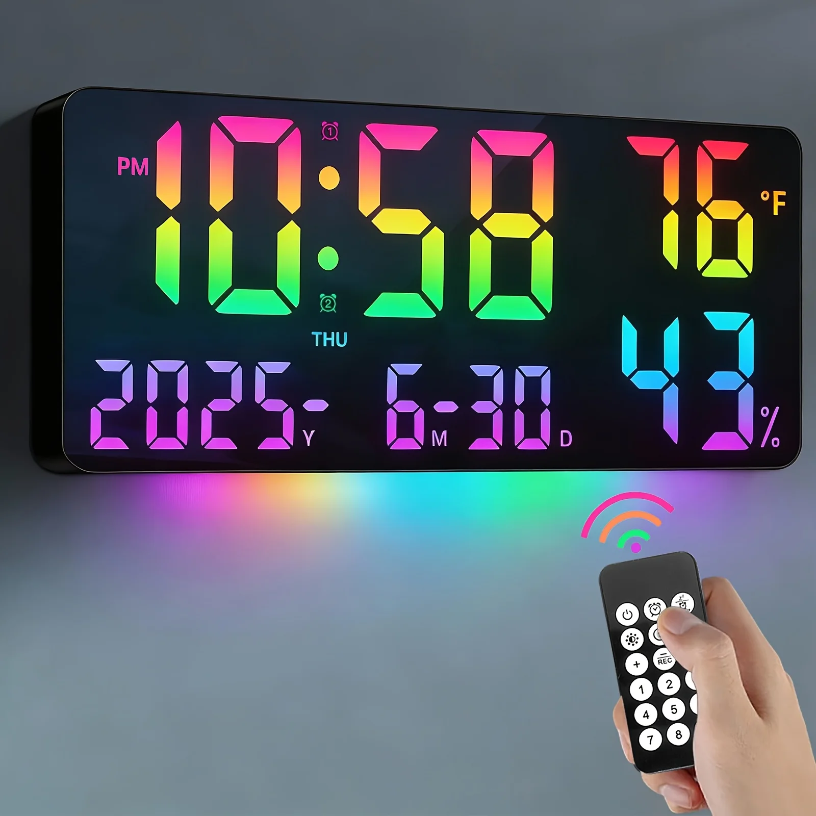 14.6" Large Digital Wall Clock with Remote Control, Dual Alarm, Big LED Display, 12 RGB Colorful Display Modes, Night Light, Hum
14.6" Large Digital Wall Clock with Remote Control, Dual Alarm, Big LED Display, 12 RGB Colorful Display Modes, Night Light, Hum