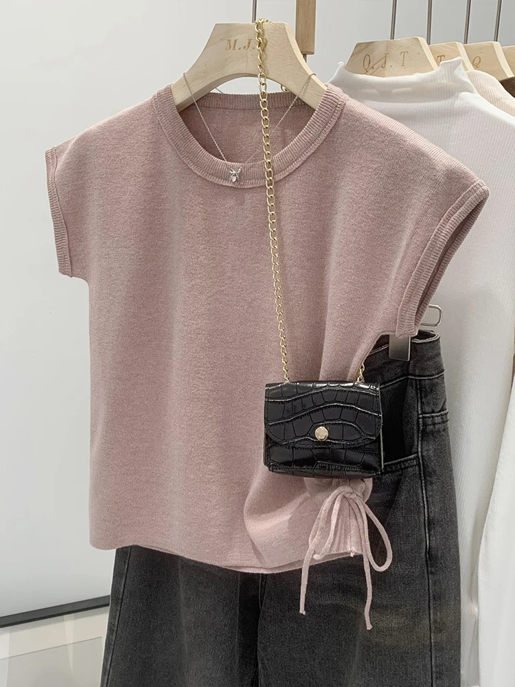 Pink Korean Style round Neck Short Sleeve Knitted Top Women's Summer New Design Sensation Small Flying Sleeve Knit T-shirt
Pink Korean Style round Neck Short Sleeve Knitted Top Women's Summer New Design Sensation Small Flying Sleeve Knit T-shirt
