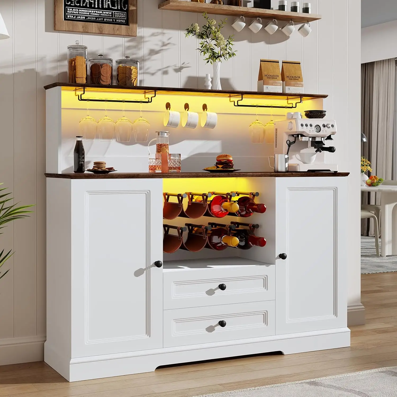 55.5" Coffee Bar Cabinet LED Light 2-Tier Top Wine Rack Leather Holder Buffet 2 Drawer Kitchen Dining Room White, Custom
55.5" Coffee Bar Cabinet LED Light 2-Tier Top Wine Rack Leather Holder Buffet 2 Drawer Kitchen Dining Room White, Custom