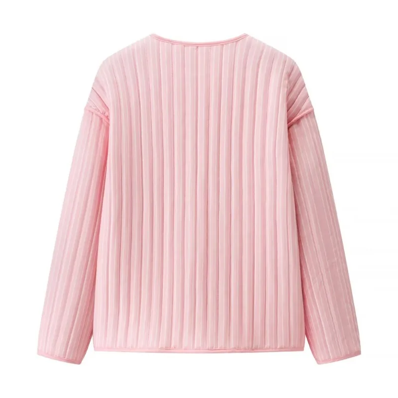 V-neck long sleeved pockets striped autumn and winter new warm cotton jacket Women's loose fitting top with
V-neck long sleeved pockets striped autumn and winter new warm cotton jacket Women's loose fitting top with