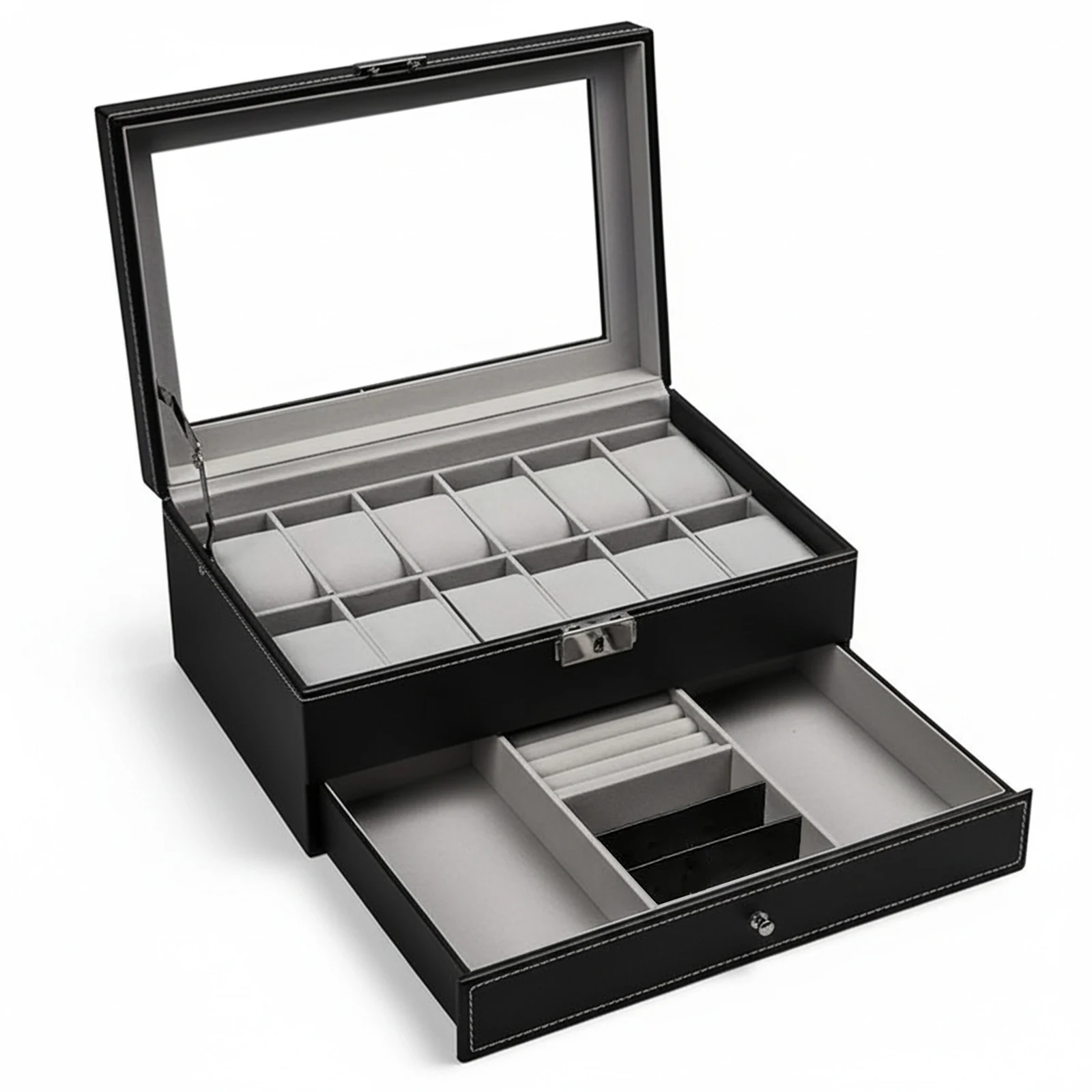 12 Slot 2-Layer Watch Case with Drawer & Glass Lid Watch Display Organizer Metal Lock Birthday for Men Women Child Husband Dad
12 Slot 2-Layer Watch Case with Drawer & Glass Lid Watch Display Organizer Metal Lock Birthday for Men Women Child Husband Dad