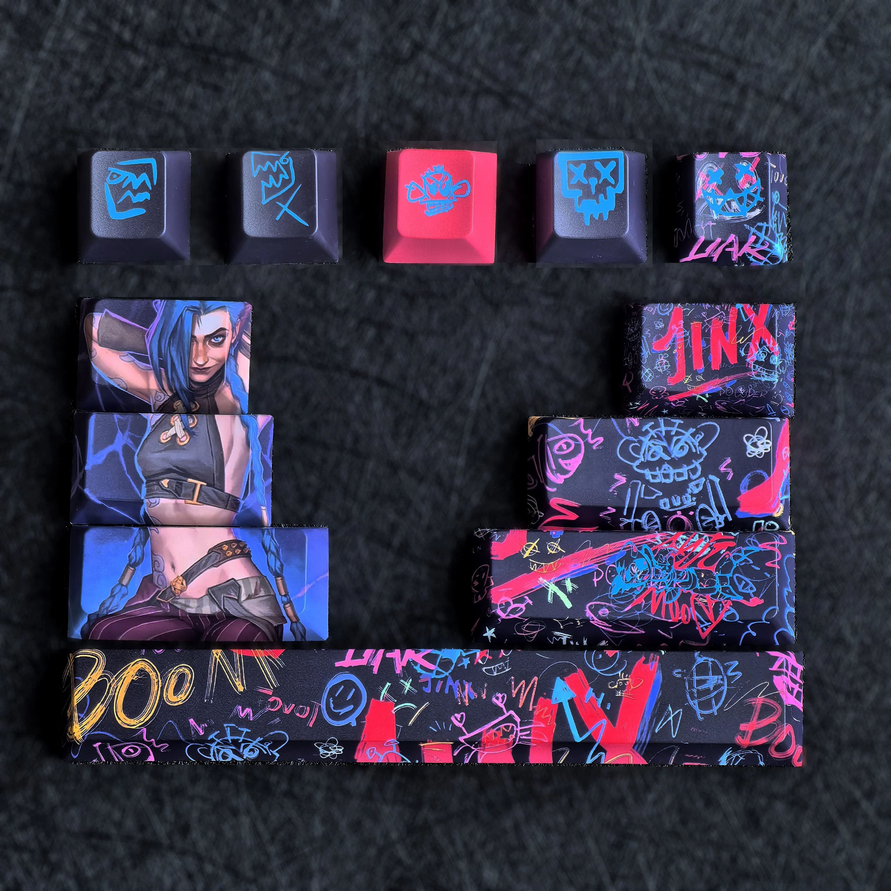 12 шт. колпачки для клавиш Jinx, дополнительный ключ, игровой граффити, вишня, Pbt, индивидуальная клавиатура, индивидуальные темно-синие, черные, розово-красные колпачки для клавиш 
12 шт. колпачки для клавиш Jinx, дополнительный ключ, игровой граффити, вишня, Pbt, индивидуальная клавиатура, индивидуальные темно-синие, черные, розово-красные колпачки для клавиш