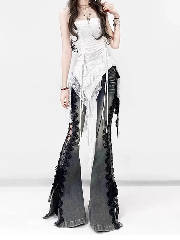 Deeptown Y2K Vintage Lace Hollow Out Women Flared Jeans Harajuku Washed High Waist American Style Denim Pants Slim Grunge Gyaru
Deeptown Y2K Vintage Lace Hollow Out Women Flared Jeans Harajuku Washed High Waist American Style Denim Pants Slim Grunge Gyaru
