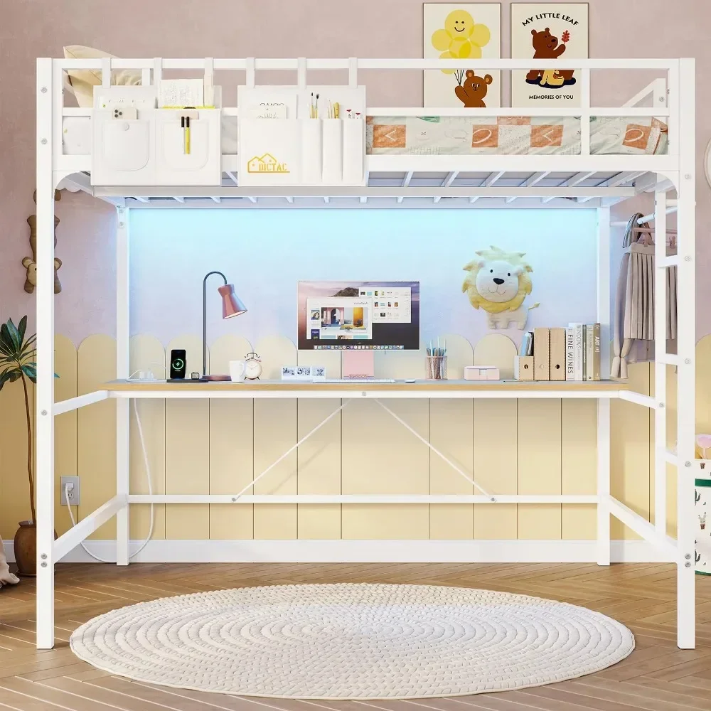 Full Size Loft Bed with Desk & Charging Station & LED Lights, Metal Loft Bed Frame Full with Stairs & Full-Length Guardrail
Full Size Loft Bed with Desk & Charging Station & LED Lights, Metal Loft Bed Frame Full with Stairs & Full-Length Guardrail