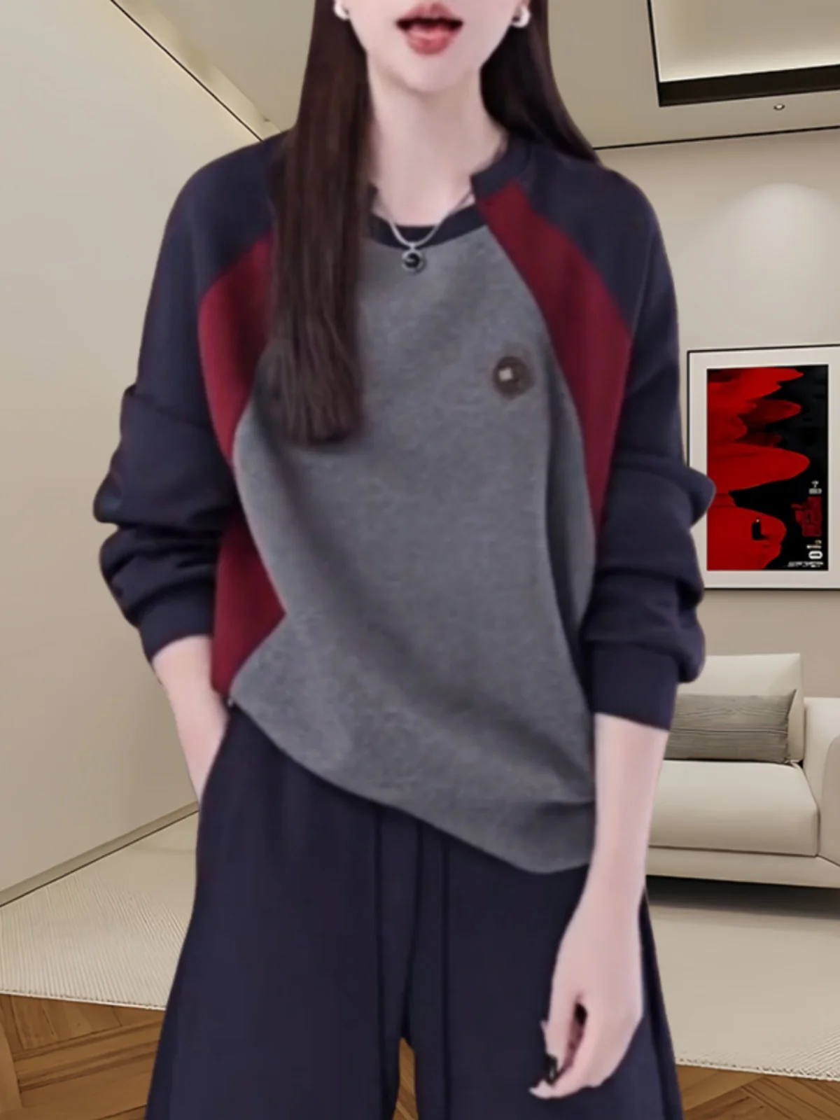 Loose Korean Style round Neck Sweatshirt Women's Long Sleeve Color Block Casual Slimming Fashionable Hoodie Top
Loose Korean Style round Neck Sweatshirt Women's Long Sleeve Color Block Casual Slimming Fashionable Hoodie Top
