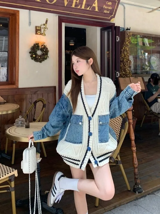 Ретро Sle, большой джинсовый лоскутный открытый кардиган, свитер, осенне-зимнее женское модное теплое вязаное пальто
Ретро Sle, большой джинсовый лоскутный открытый кардиган, свитер, осенне-зимнее женское модное теплое вязаное пальто