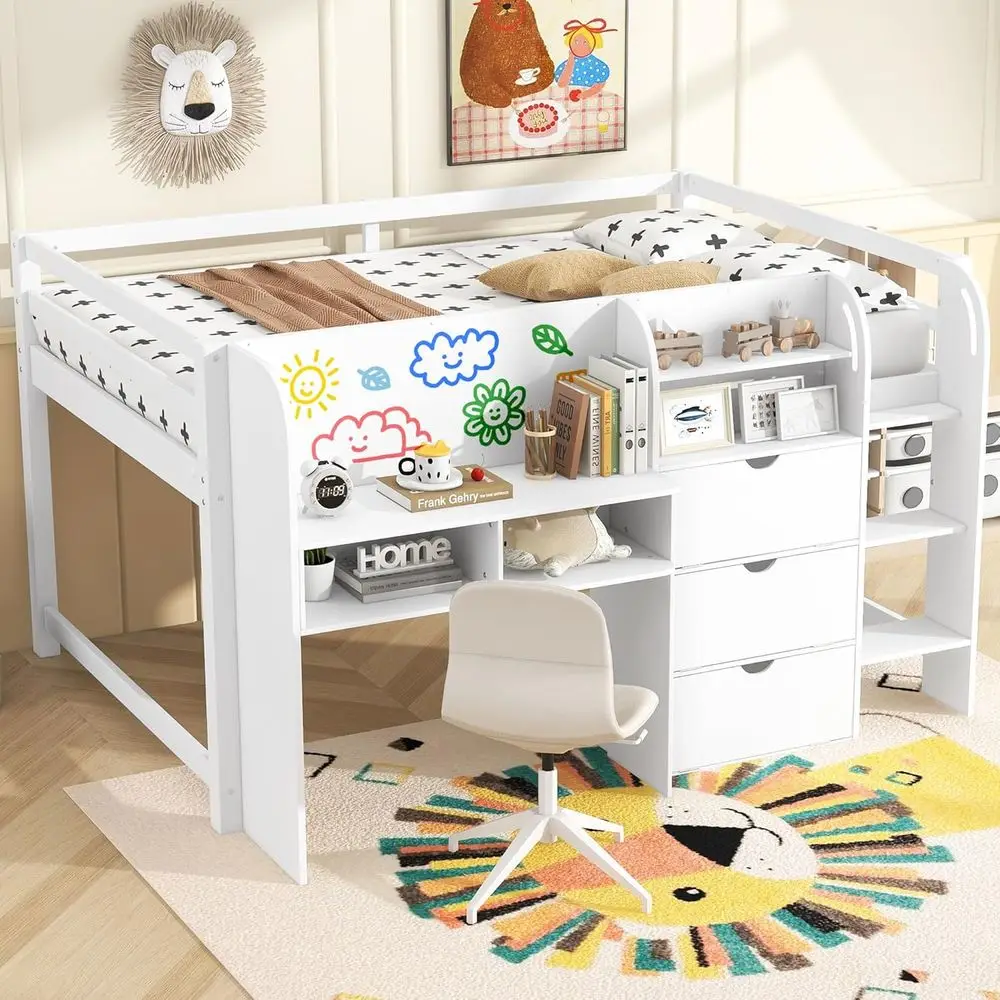 Low Loft Bed with Desk, Open Shelves, Storage Cabinets, and Whiteboard for Kids
Low Loft Bed with Desk, Open Shelves, Storage Cabinets, and Whiteboard for Kids