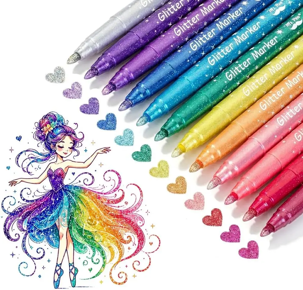 Glitter Marker Pens, 12 Pack, Assorted Colors, Medium Tip, Quick-Dry Water-Based Ink for Crafts, Journaling, Doodling
Glitter Marker Pens, 12 Pack, Assorted Colors, Medium Tip, Quick-Dry Water-Based Ink for Crafts, Journaling, Doodling
