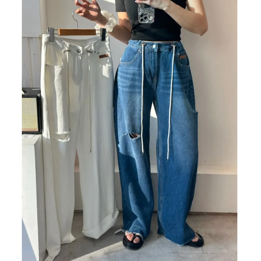 Tie Rope Loose Wide Leg Jeans Hole Punching Casual High Waist Long Pants for Young Women 18-24 Years Old Summer Season
Tie Rope Loose Wide Leg Jeans Hole Punching Casual High Waist Long Pants for Young Women 18-24 Years Old Summer Season