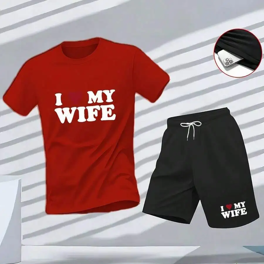 Mens 2-Piece Summer Set: Red Heart Print Short Sleeve Tee And Black Drawstring Shorts For Casual Or Beach Wear
Mens 2-Piece Summer Set: Red Heart Print Short Sleeve Tee And Black Drawstring Shorts For Casual Or Beach Wear