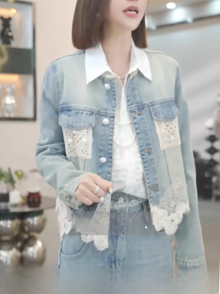 Women's Heavy Duty Vintage Denim Jacket with Lace Velvet Flower Decoration Collar round Neck Short Coat Commute Style
Women's Heavy Duty Vintage Denim Jacket with Lace Velvet Flower Decoration Collar round Neck Short Coat Commute Style