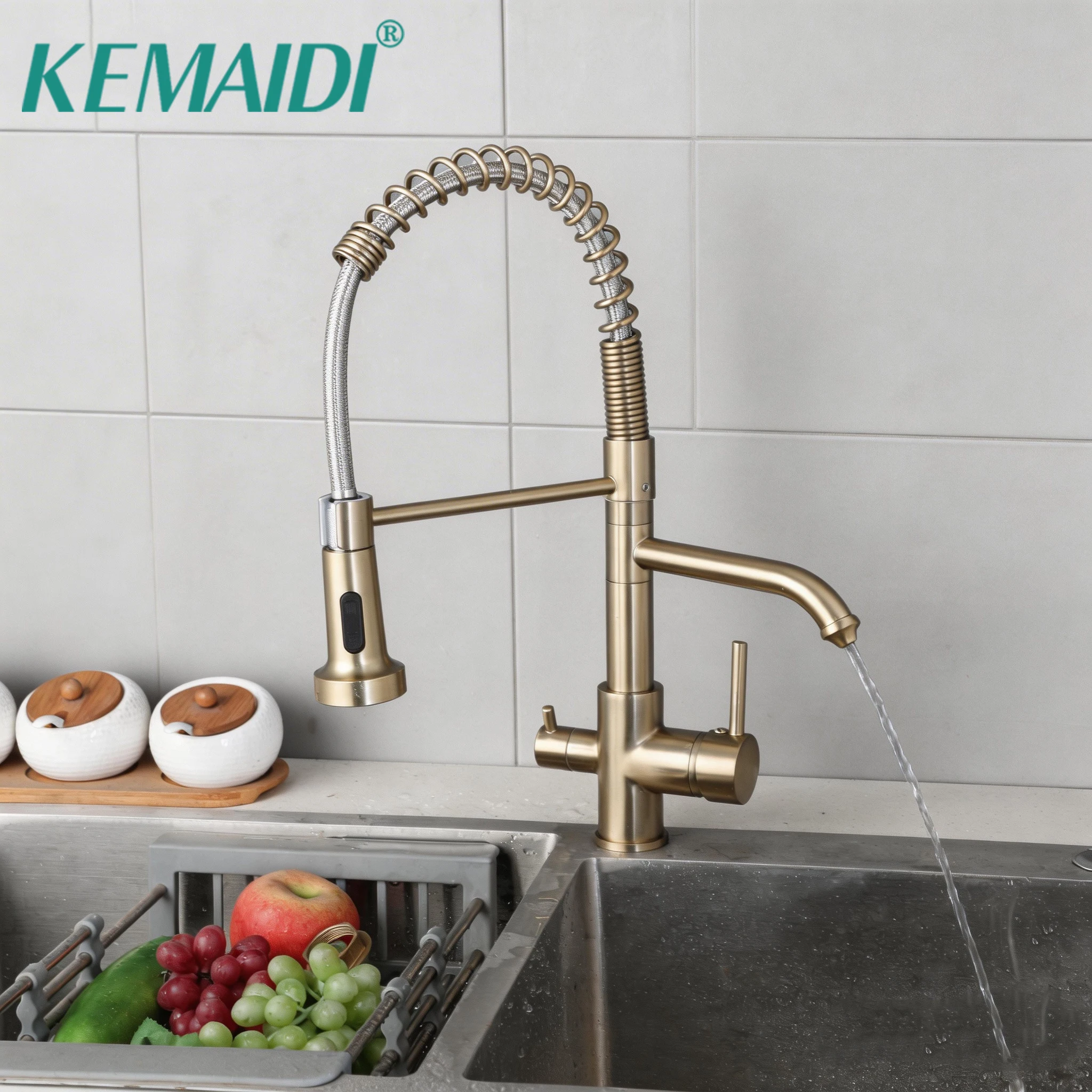 KEMAIDI Brushed Gold 3-in-1 Kitchen Faucet with Pull-Down Sprayer & Drinking Water Tap, Spring Neck Dual Spout Kitchen Mixer
KEMAIDI Brushed Gold 3-in-1 Kitchen Faucet with Pull-Down Sprayer & Drinking Water Tap, Spring Neck Dual Spout Kitchen Mixer