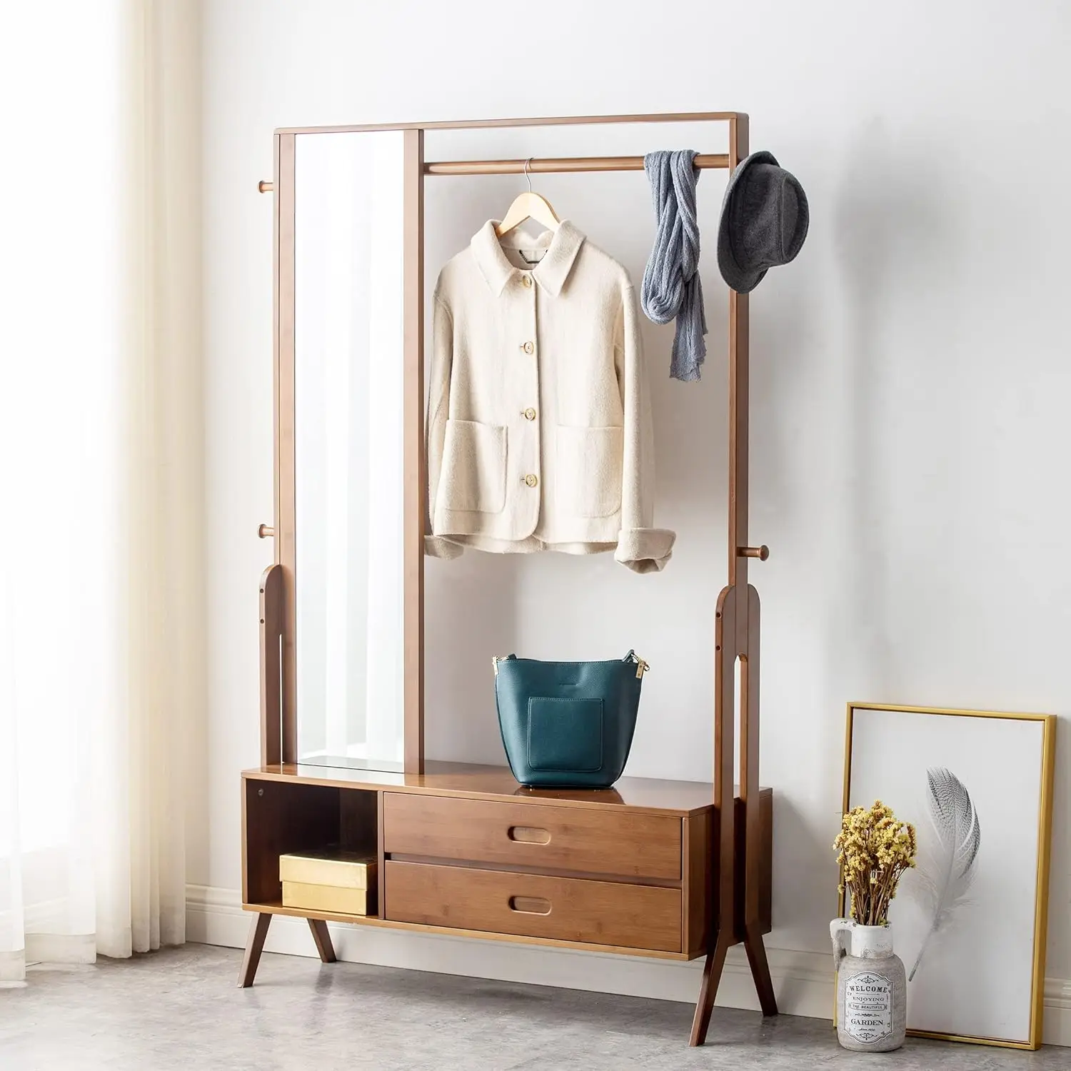 Bamboo Wooden Garment Rack Freestanding Closet Organizers and Storage Drawers with Mirror&Hooks, Coat Rack, Open, Customized
Bamboo Wooden Garment Rack Freestanding Closet Organizers and Storage Drawers with Mirror&Hooks, Coat Rack, Open, Customized