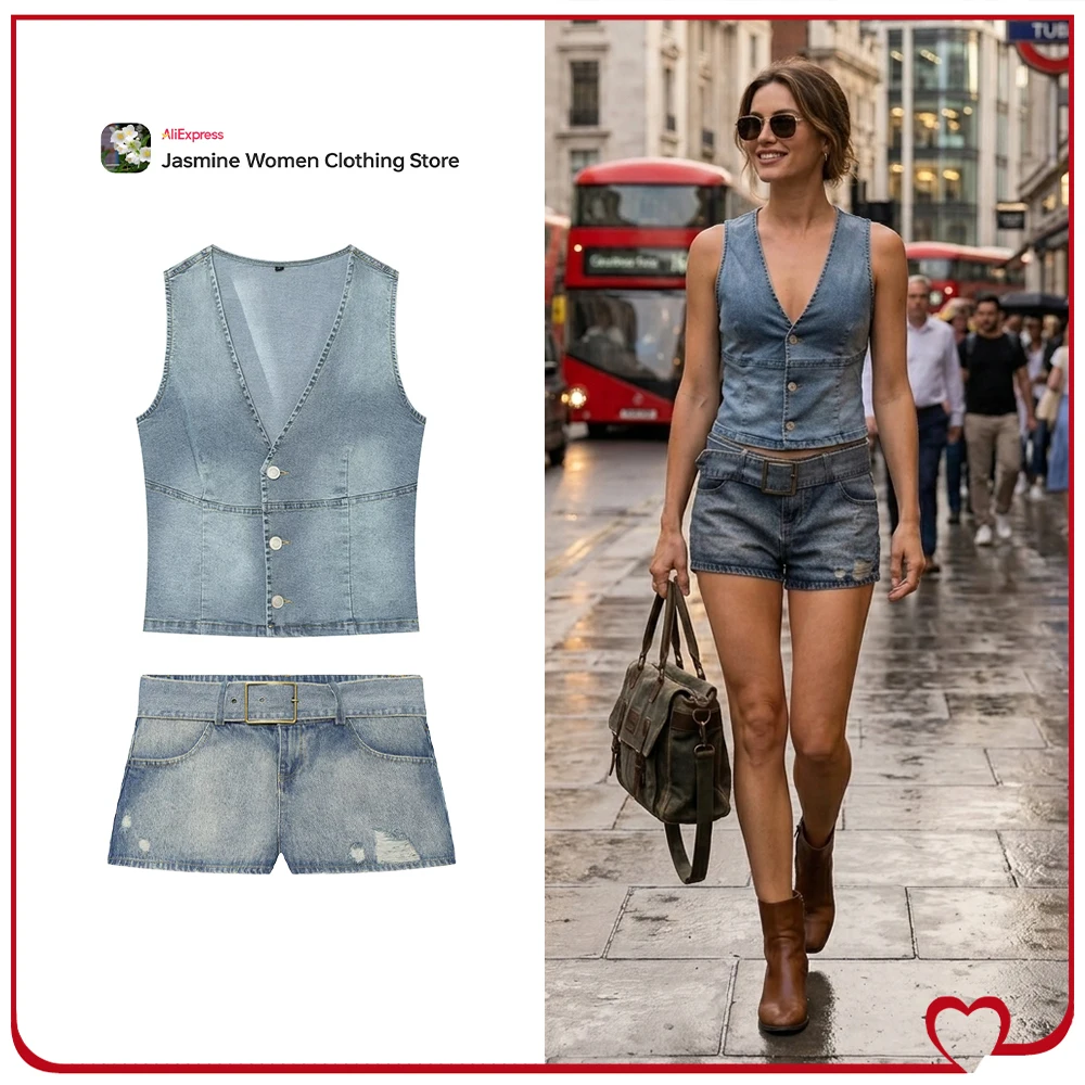 Hot and Sexy Women Blue Denim Short Sets Summer Cowgirls Two Piece Sets Fitted V-neck Sleeveless Vest Top and Belted Mini Shorts
Hot and Sexy Women Blue Denim Short Sets Summer Cowgirls Two Piece Sets Fitted V-neck Sleeveless Vest Top and Belted Mini Shorts