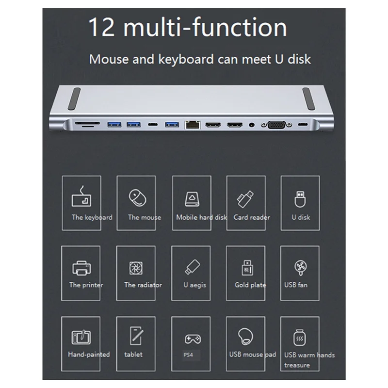 Хорошо сделано - 12 в 1, док-станция расширения USB Type-C, USB-концентратор, подходящий для док-станции расширения для ноутбука
Хорошо сделано - 12 в 1, док-станция расширения USB Type-C, USB-концентратор, подходящий для док-станции расширения для ноутбука