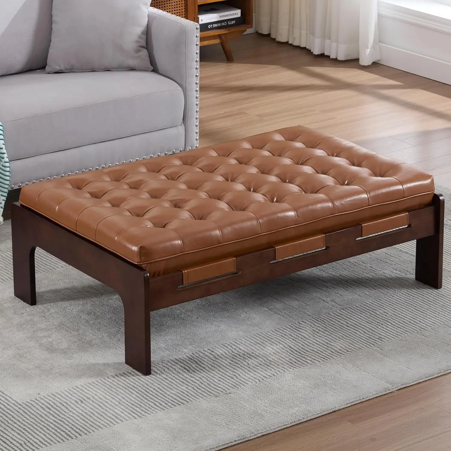 Coffee Table, 48 Inch Leather Ottoman Coffee Table Rectangular Upholstered Dark Wood Center Table Tufted Tea Table, Oversized Fo
Coffee Table, 48 Inch Leather Ottoman Coffee Table Rectangular Upholstered Dark Wood Center Table Tufted Tea Table, Oversized Fo