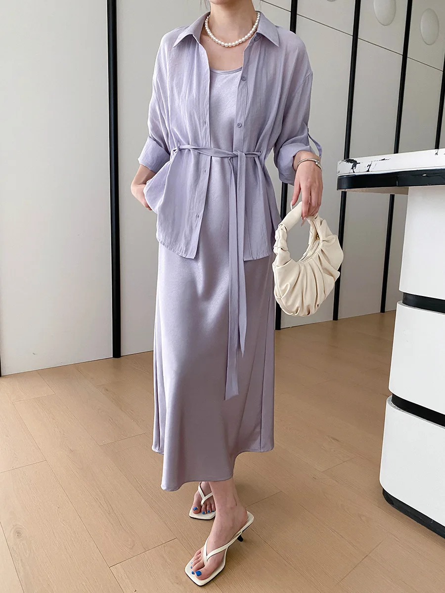 Spring and summer women's solid color lace up shirt satin suspender dress set
Spring and summer women's solid color lace up shirt satin suspender dress set