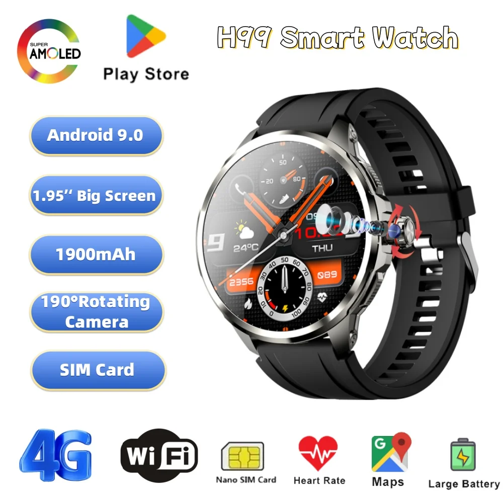 H99 Smart Watch 5G/4G SIM Card 1.95‘’ AMOLED Screen 190° Rotating Camera Large Memory Video Calling Google Play GPS WIFI Men
H99 Smart Watch 5G/4G SIM Card 1.95‘’ AMOLED Screen 190° Rotating Camera Large Memory Video Calling Google Play GPS WIFI Men