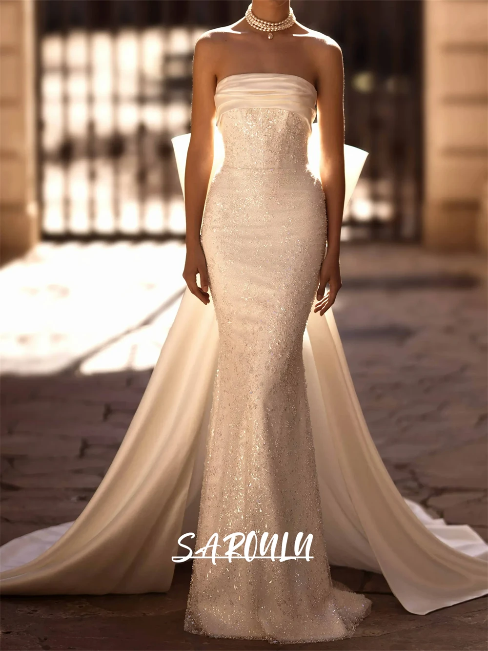 Shiny Strapless Women Wedding Dress With Bow Train Charming Mermaid Long Bride Dresses Customized Luxury Bridal Gown
Shiny Strapless Women Wedding Dress With Bow Train Charming Mermaid Long Bride Dresses Customized Luxury Bridal Gown