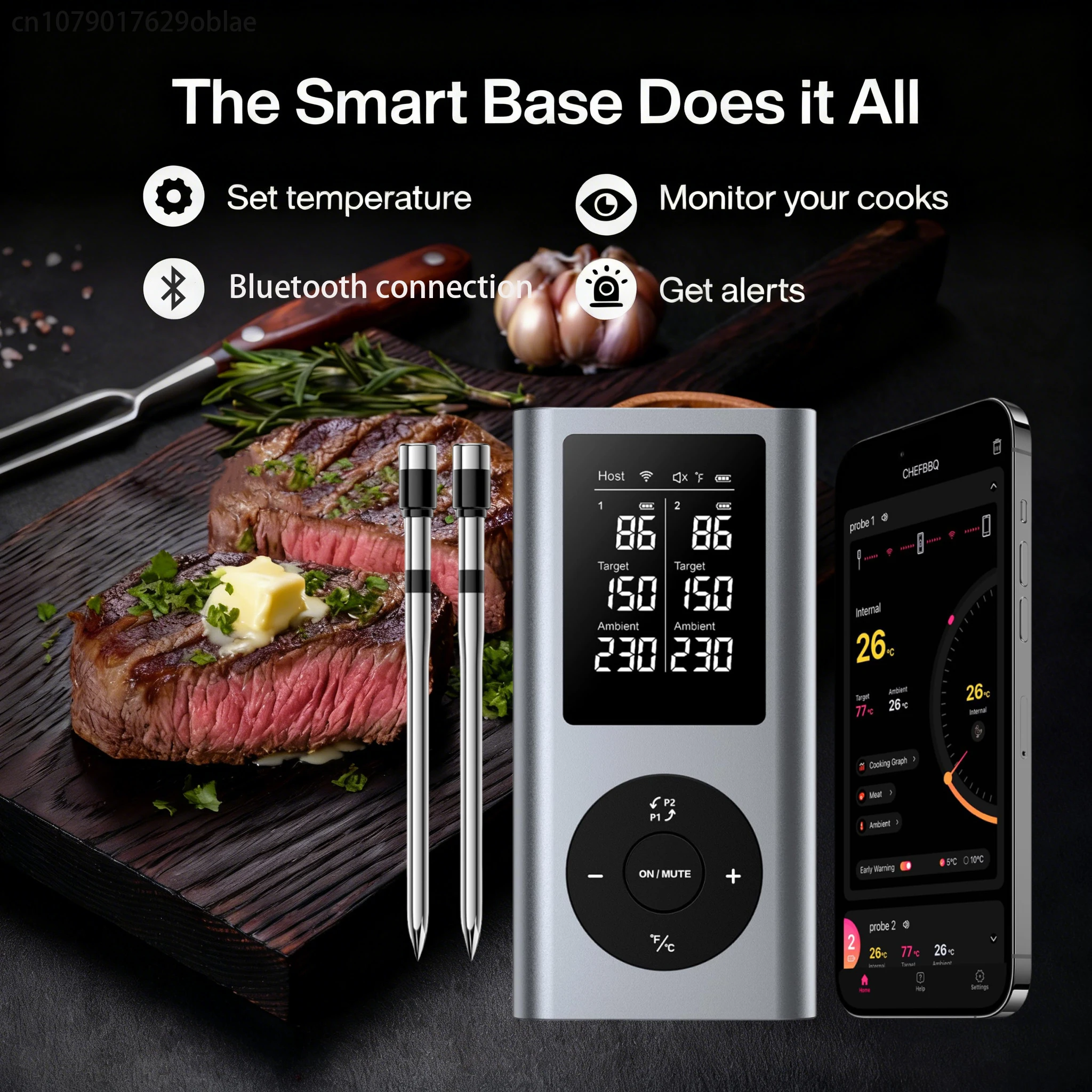 Wireless Meat Thermometer Bluetooth Rechargeable with Water-proof 2 Probes Support mobile APP for Oven, Smoker, Kitchen Cooking
Wireless Meat Thermometer Bluetooth Rechargeable with Water-proof 2 Probes Support mobile APP for Oven, Smoker, Kitchen Cooking