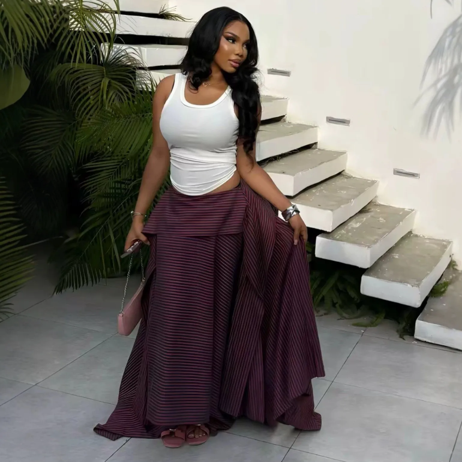 Summer Women Skirt High Waist Slimming Asymmetrical Hem Skirts Burgundy Striped A Line Maxi Skirt Loose Fit Flowing Long Skirt
Summer Women Skirt High Waist Slimming Asymmetrical Hem Skirts Burgundy Striped A Line Maxi Skirt Loose Fit Flowing Long Skirt