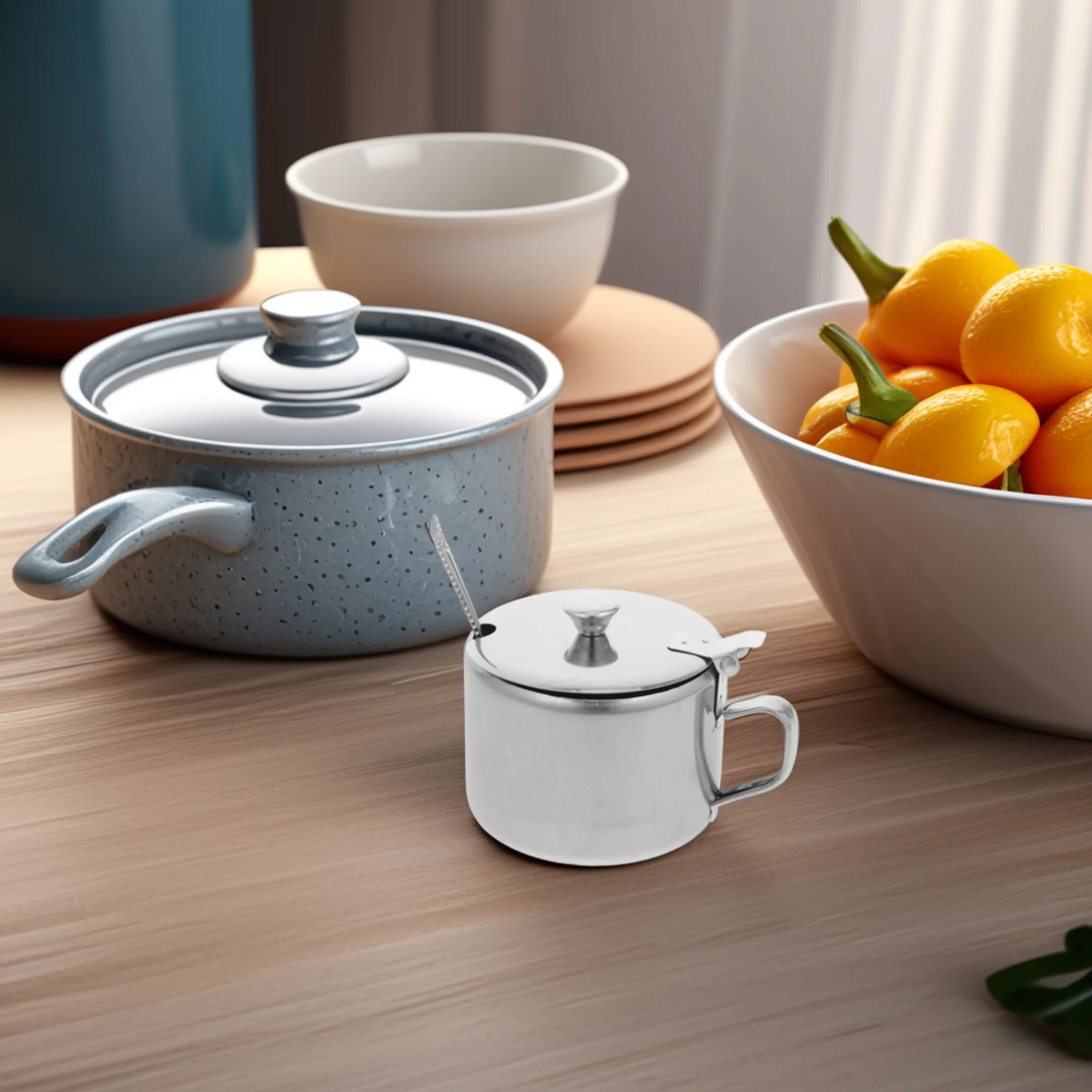 Stainless Steel Sugar Pot Lid Spoon Kitchen Salt Pepper Condiment Container for Home Restaurant Sugar Bowls with Lid
Stainless Steel Sugar Pot Lid Spoon Kitchen Salt Pepper Condiment Container for Home Restaurant Sugar Bowls with Lid