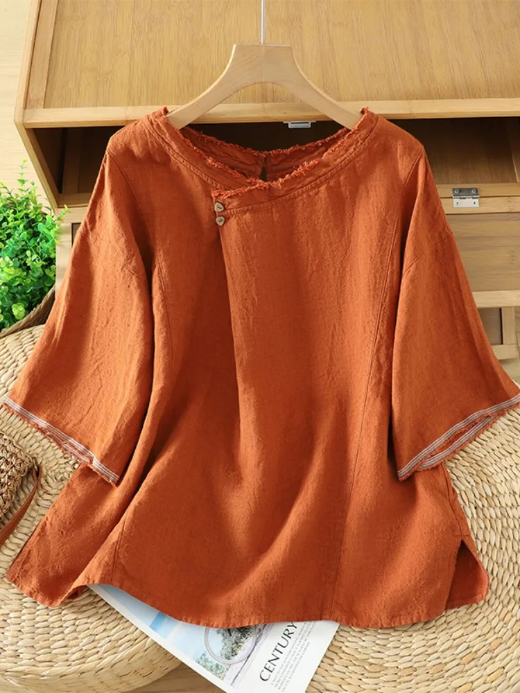 Retro Embroidered Cotton Linen Short Sleeve Shirt Women's Casual All-Match round Neck Design Summer New Style Loose Fit Top
Retro Embroidered Cotton Linen Short Sleeve Shirt Women's Casual All-Match round Neck Design Summer New Style Loose Fit Top