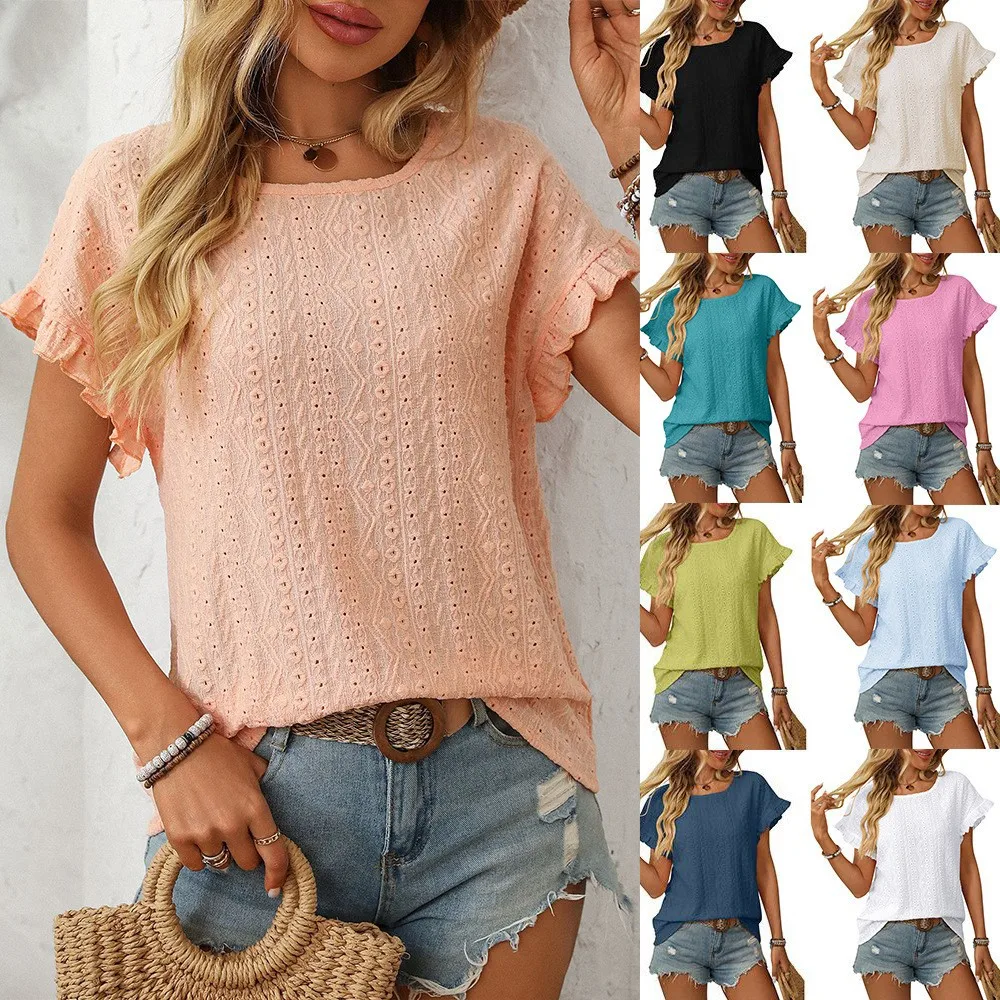 Women Blouse Short Sleeve Pastel Pink Cap Sleeve T Shirt Cotton Polyester Loose Fit Round Neck Top Eyelet Lace Oversized Tee
Women Blouse Short Sleeve Pastel Pink Cap Sleeve T Shirt Cotton Polyester Loose Fit Round Neck Top Eyelet Lace Oversized Tee