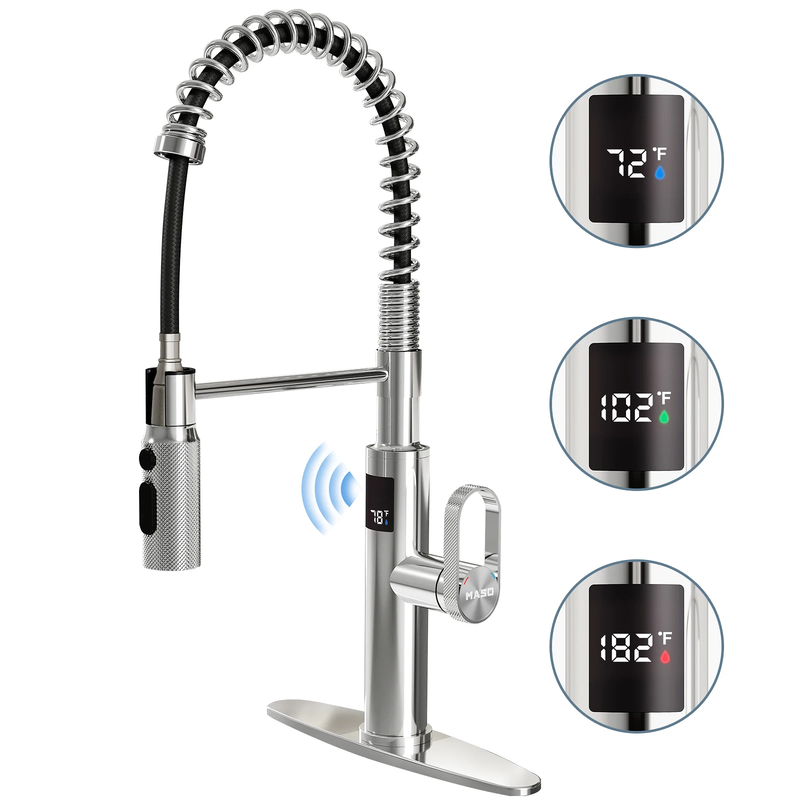 MASO Touchless Spring Kitchen Faucet, Pull-Down, 3 Spray Modes, Temp Display °F, 360° Swivel, Single Handle, Chrome
MASO Touchless Spring Kitchen Faucet, Pull-Down, 3 Spray Modes, Temp Display °F, 360° Swivel, Single Handle, Chrome