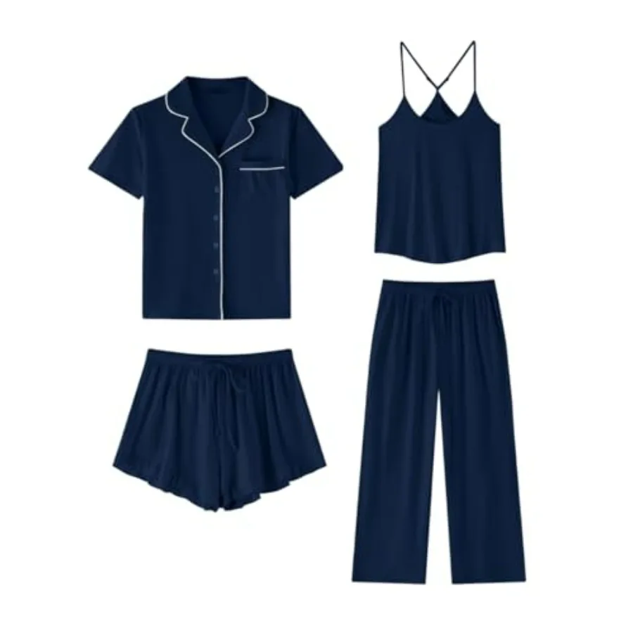 SAPJON Womens Soft Pajama Sets 4 Pcs Button Down Short Sleeve Top and Pants Cami and Ruffle Shorts Pjs Lounge Sets Sleepwear
SAPJON Womens Soft Pajama Sets 4 Pcs Button Down Short Sleeve Top and Pants Cami and Ruffle Shorts Pjs Lounge Sets Sleepwear