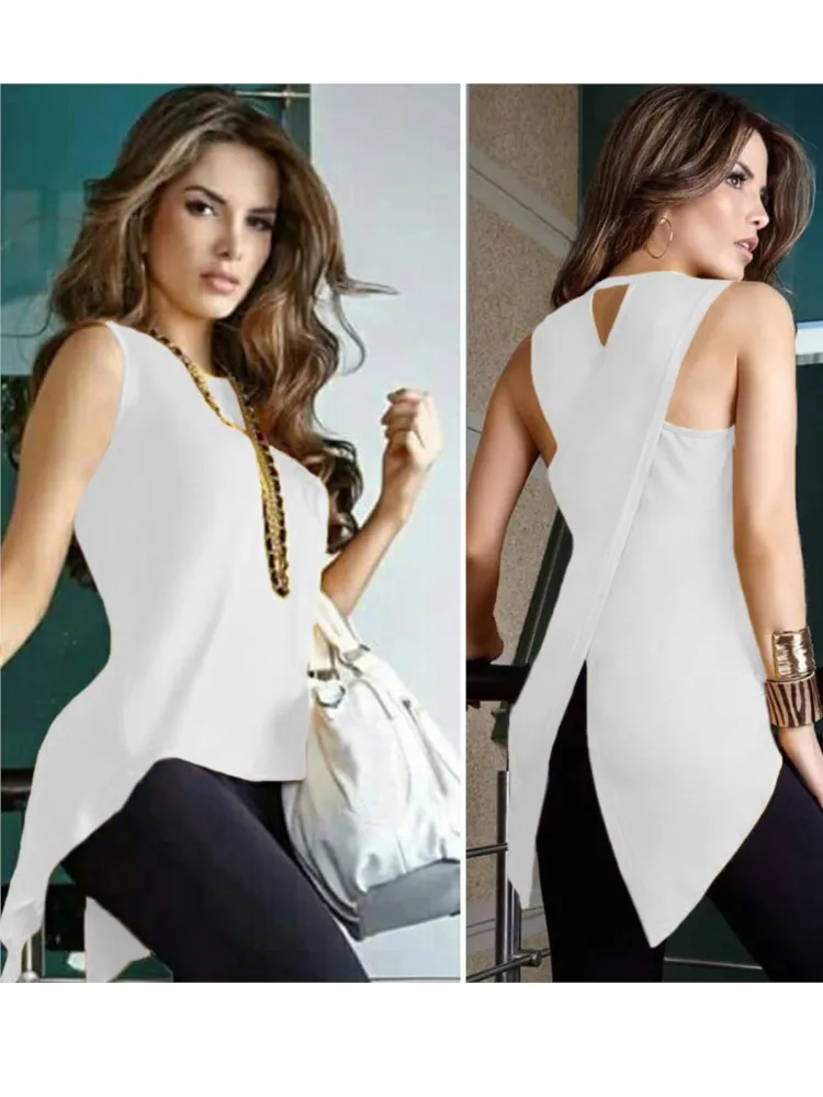 Women Chic Cross Irregular T-shirts Fashion Solid Color Sleeveless Slim Casual Beach Top Crew Neck Vest Lady Vest Tee Party Top
Women Chic Cross Irregular T-shirts Fashion Solid Color Sleeveless Slim Casual Beach Top Crew Neck Vest Lady Vest Tee Party Top