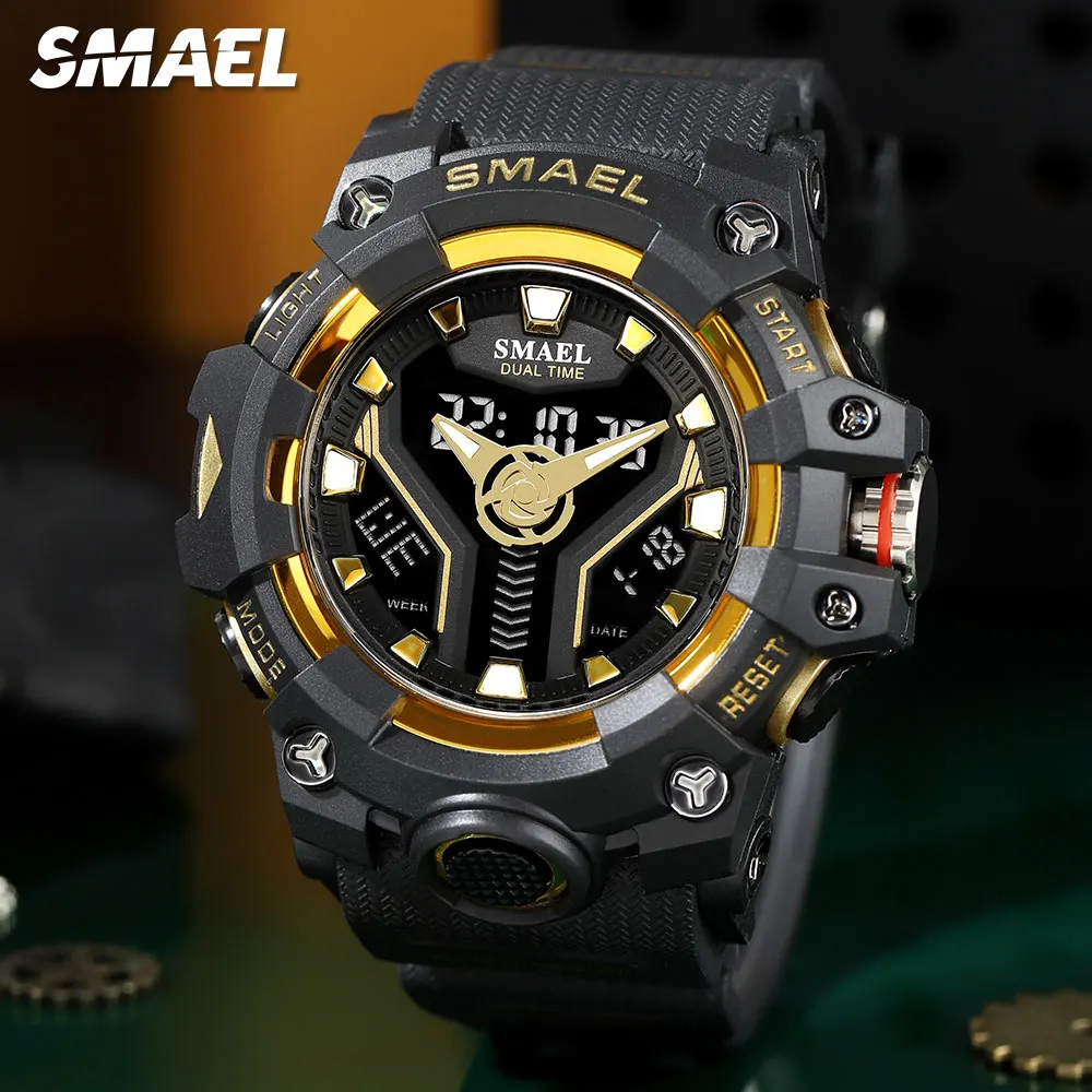 SMAEL Black Gold Digital Watches Men Waterproof Military Sport Dual Time Display Quartz Wristwatch with Date Chronograph 8075
SMAEL Black Gold Digital Watches Men Waterproof Military Sport Dual Time Display Quartz Wristwatch with Date Chronograph 8075