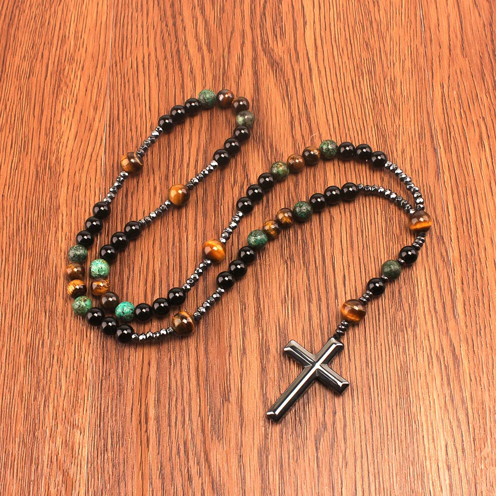 Natural Stone Africa Turquoise and Tiger-eye Beads Cross Pendant Necklace Rosary for Men and Women
Natural Stone Africa Turquoise and Tiger-eye Beads Cross Pendant Necklace Rosary for Men and Women