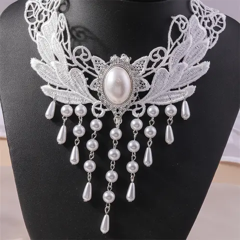 Aihua Gothic Victorian White Lace Necklace Women Boho Big Pearl Tassel Sexy Lace Choker Steampunk Wedding Party Jewelry Gifts
