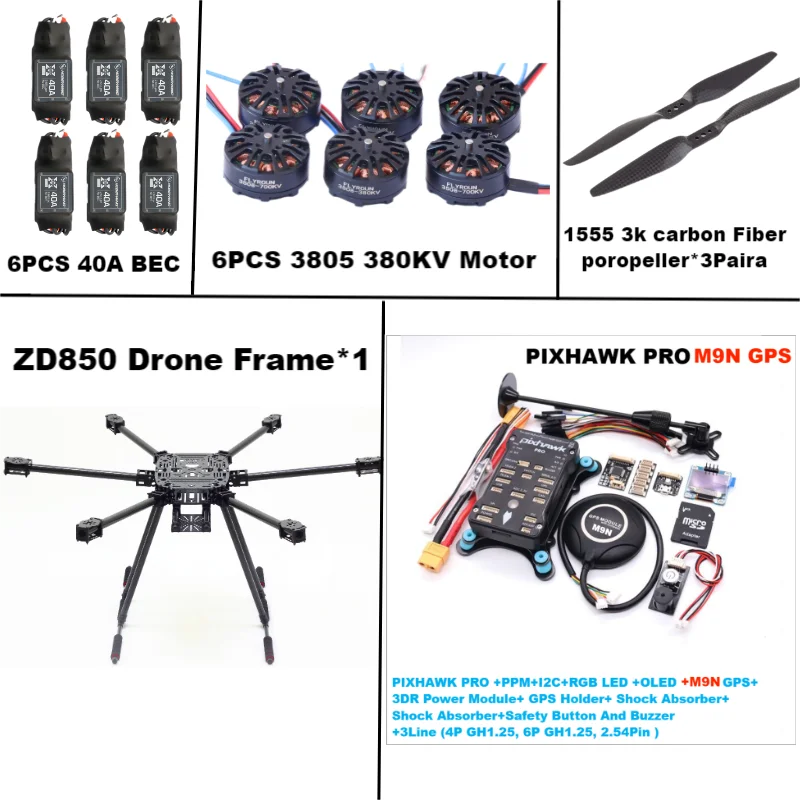 ZD850 PRO M9N Полностью углеродное волокно 850 мм Рама с шестиротором BLHELI 40A ESC PIXHAWK Flight Comtrol Набор телеметрии Rado
ZD850 PRO M9N Полностью углеродное волокно 850 мм Рама с шестиротором BLHELI 40A ESC PIXHAWK Flight Comtrol Набор телеметрии Rado