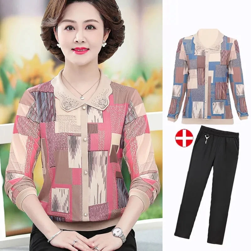 Middle Aged Women's T-shirt And Tops New Spring Summer Mother's Lapel Blouse Long Sleeve Print Shirt Blusas Female Pant 2PCS
Middle Aged Women's T-shirt And Tops New Spring Summer Mother's Lapel Blouse Long Sleeve Print Shirt Blusas Female Pant 2PCS